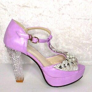 Lucite Platform Heels Womens 6 Lilac T-Strap Rhinestone Sparkle Club Dancer